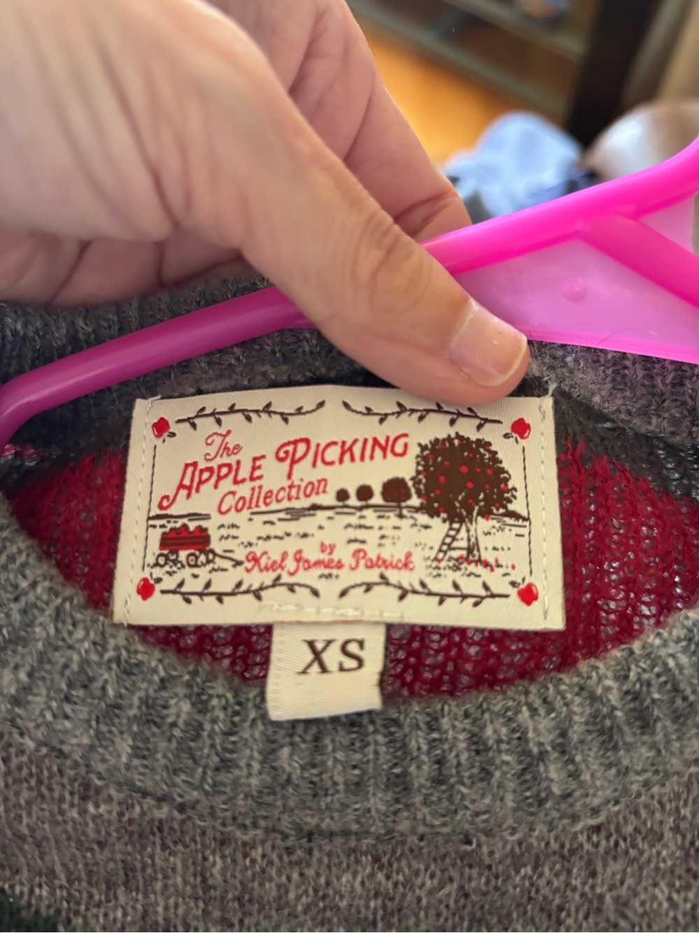 Kiel James Patrick Gray Sweater with Red Apple Motif - Women's Crewneck Sweater - Picture 4 of 5